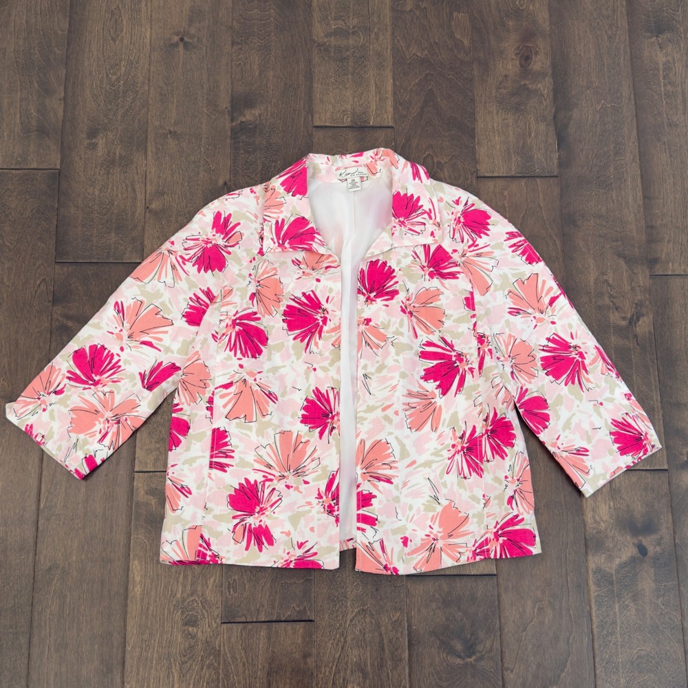 Kim Rogers Pink Orange Floral Linen Blazer Jacket Women PM Open Front Pockets